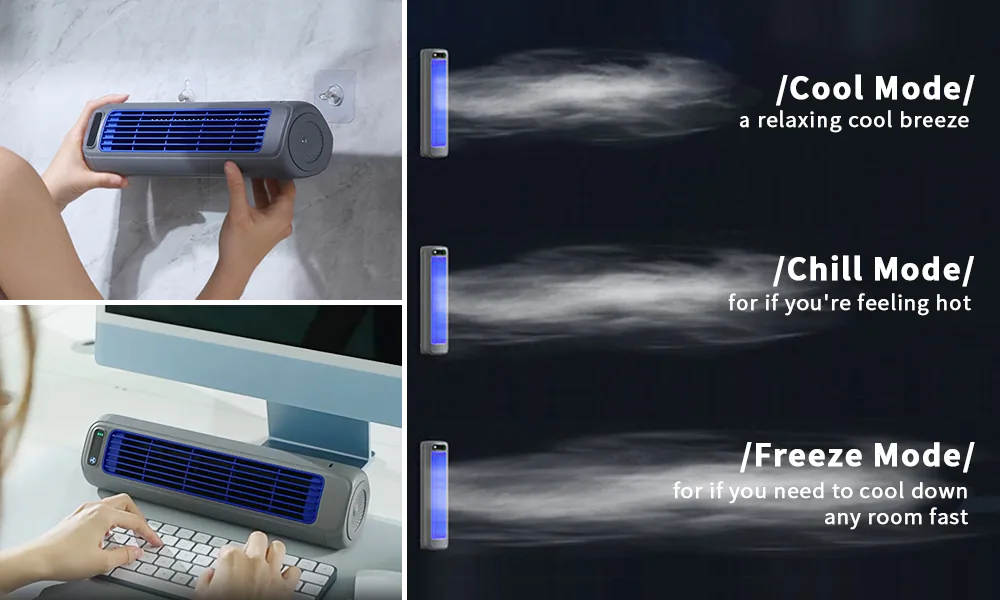 nexo7 portable cooling device shown in three modes: Cool Mode for a relaxing breeze, Chill Mode when feeling hot, and Freeze Mode for fast room cooling, with blue LED lighting and airflow visuals