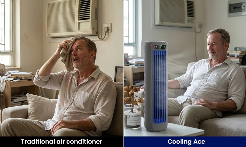 Side-by-side comparison showing the discomfort of traditional air conditioning versus the relaxed comfort provided by the nexo7 portable cooling device
